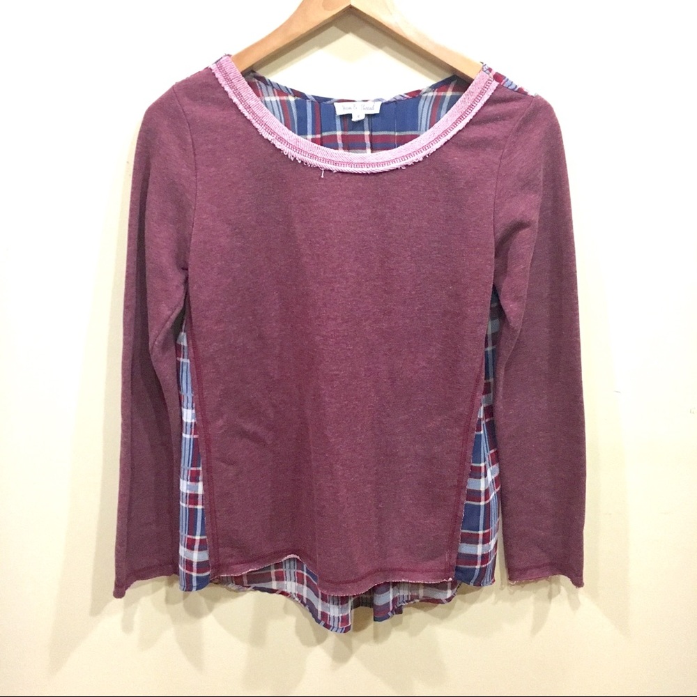 Hem & Thread Crew neck sweater with sheer plaid back